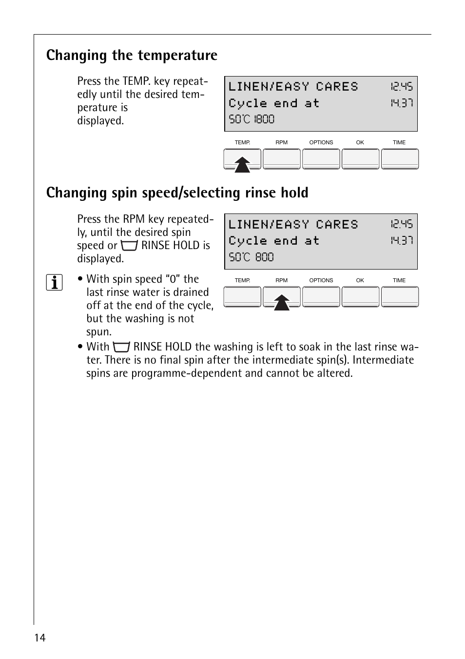 Changing the temperature, Changing spin speed/selecting rinse hold | Electrolux 88800 User Manual | Page 14 / 44