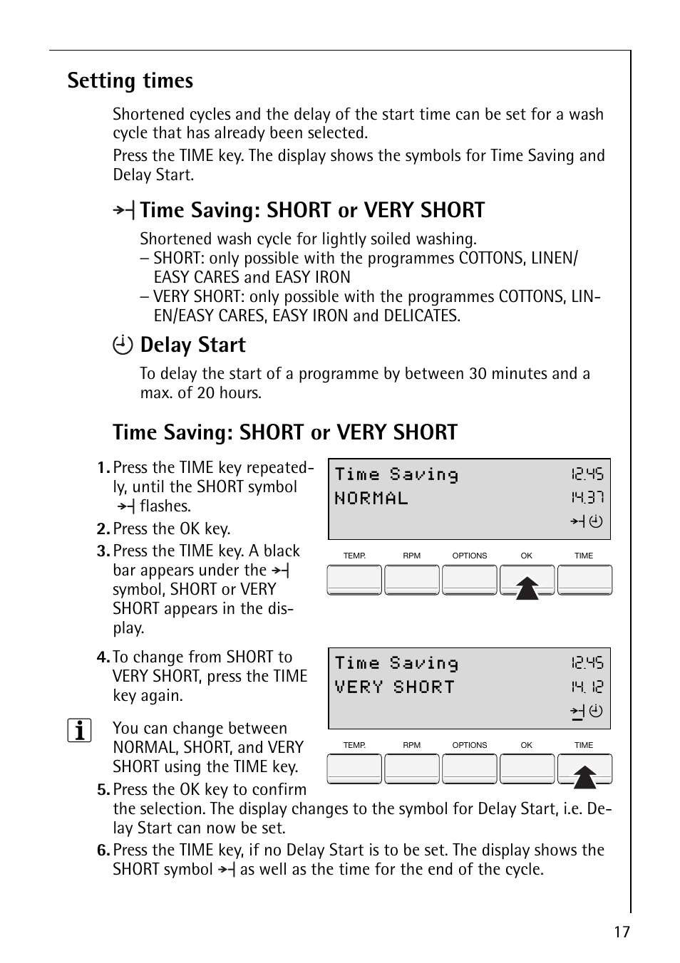 Setting times, Time saving: short or very short, Delay start | Electrolux 88800 User Manual | Page 17 / 44