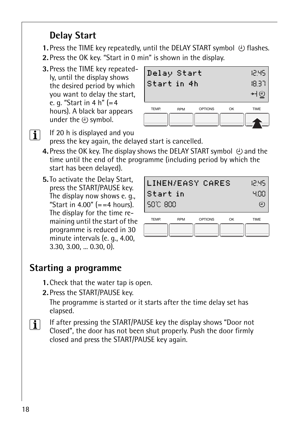 Delay start, Starting a programme | Electrolux 88800 User Manual | Page 18 / 44