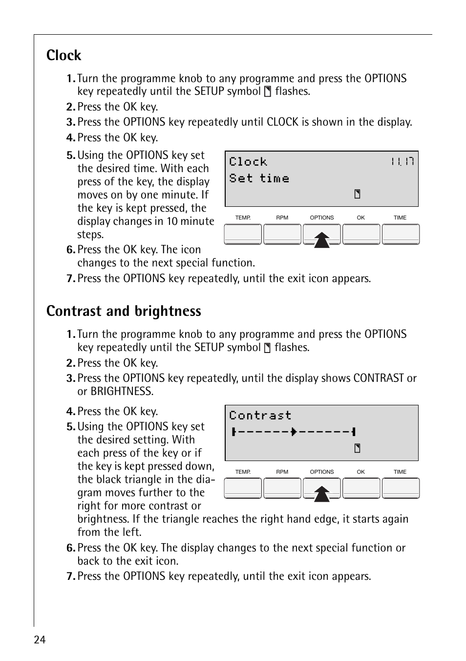 Clock, Contrast and brightness | Electrolux 88800 User Manual | Page 24 / 44