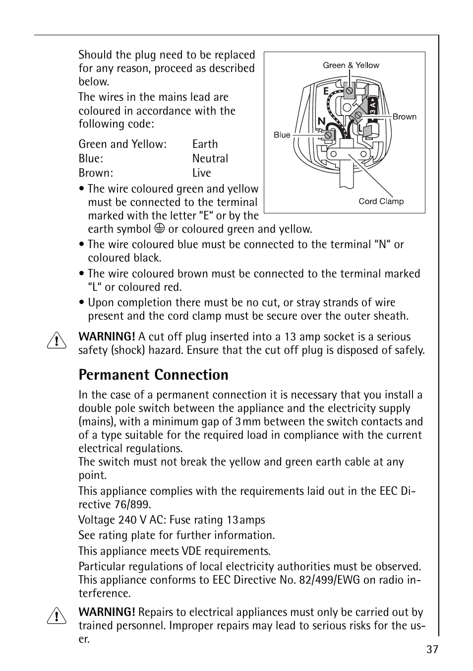Permanent connection | Electrolux 88800 User Manual | Page 37 / 44