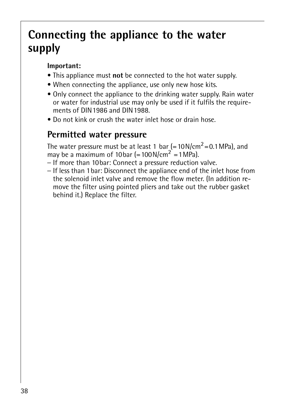 Connecting the appliance to the water supply, Permitted water pressure | Electrolux 88800 User Manual | Page 38 / 44