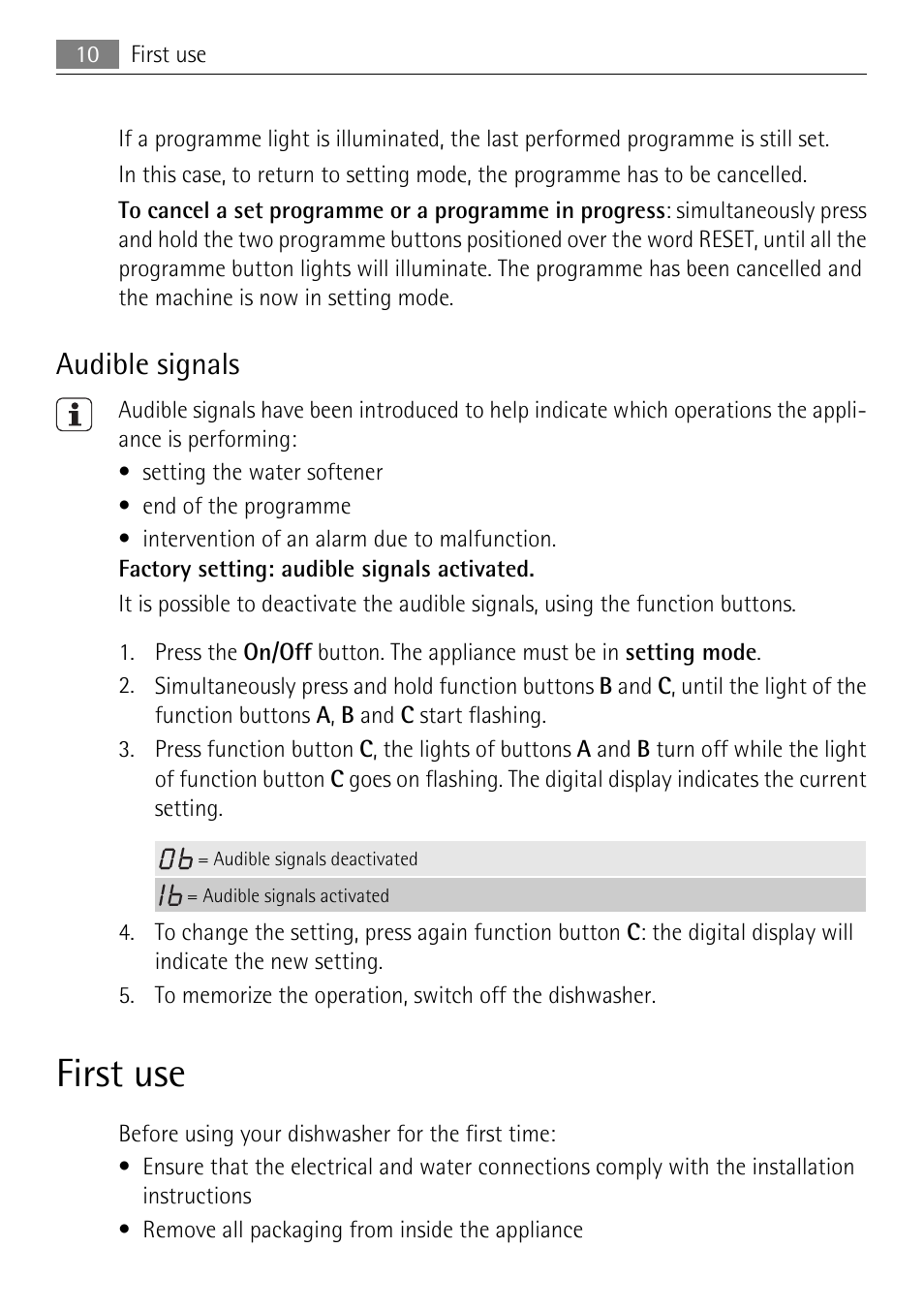 First use, Audible signals | Electrolux 75011 VIL User Manual | Page 10 / 40