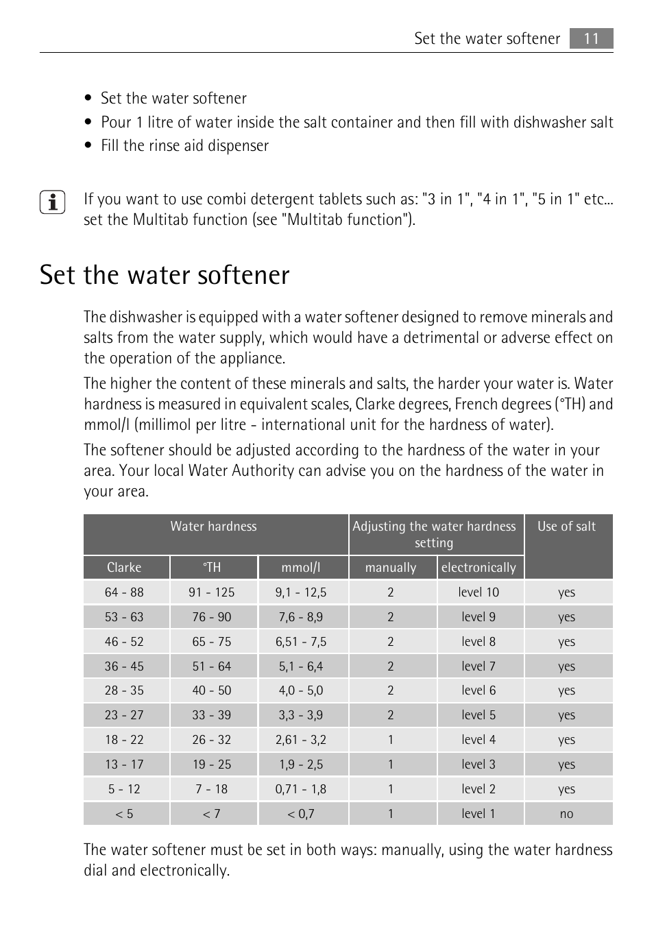 Set the water softener | Electrolux 75011 VIL User Manual | Page 11 / 40