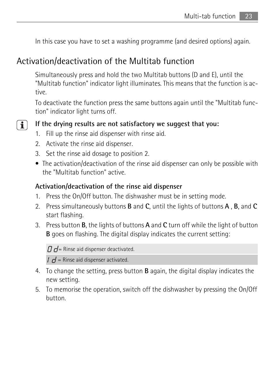 Activation/deactivation of the multitab function | Electrolux 75011 VIL User Manual | Page 23 / 40