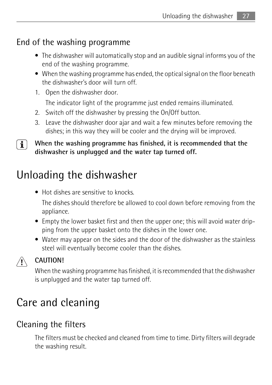 Unloading the dishwasher, Care and cleaning, End of the washing programme | Cleaning the filters | Electrolux 75011 VIL User Manual | Page 27 / 40