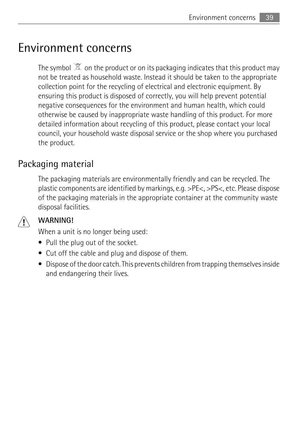 Environment concerns, Packaging material | Electrolux 75011 VIL User Manual | Page 39 / 40