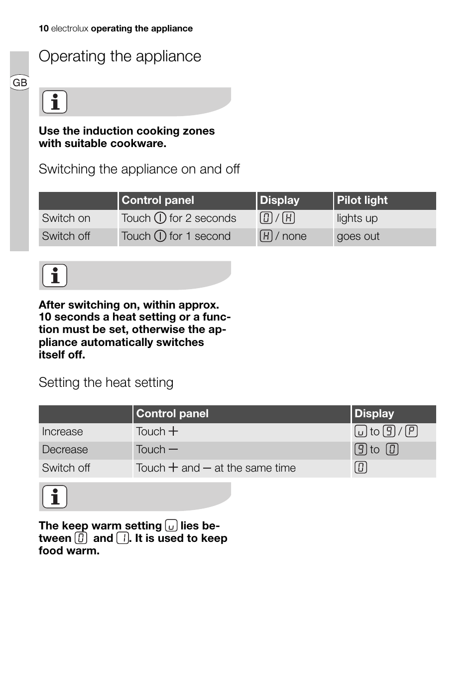 Operating the appliance, Switching the appliance on and off, Setting the heat setting | Electrolux EHD68200P User Manual | Page 10 / 46