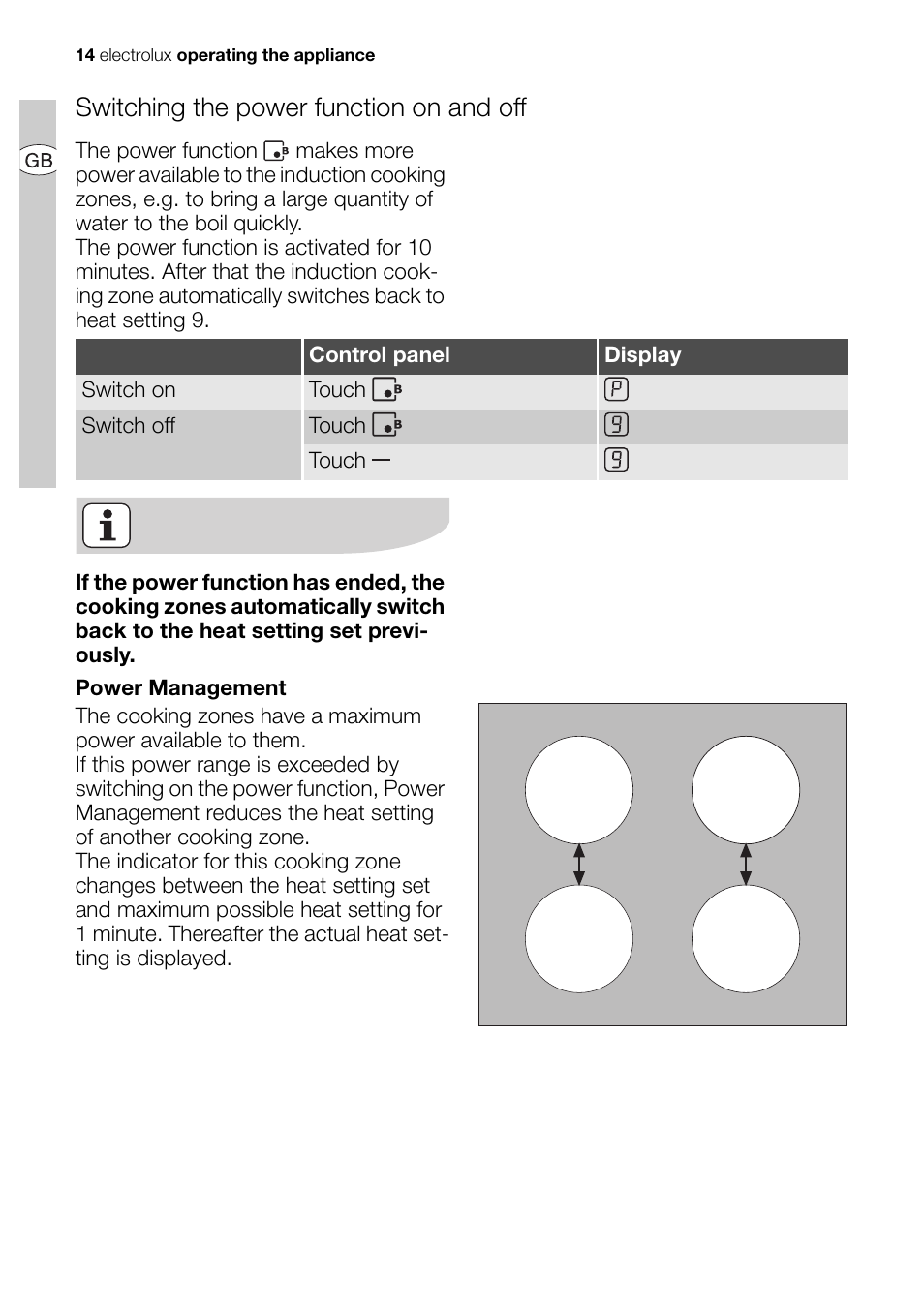 Switching the power function on and off | Electrolux EHD68200P User Manual | Page 14 / 46