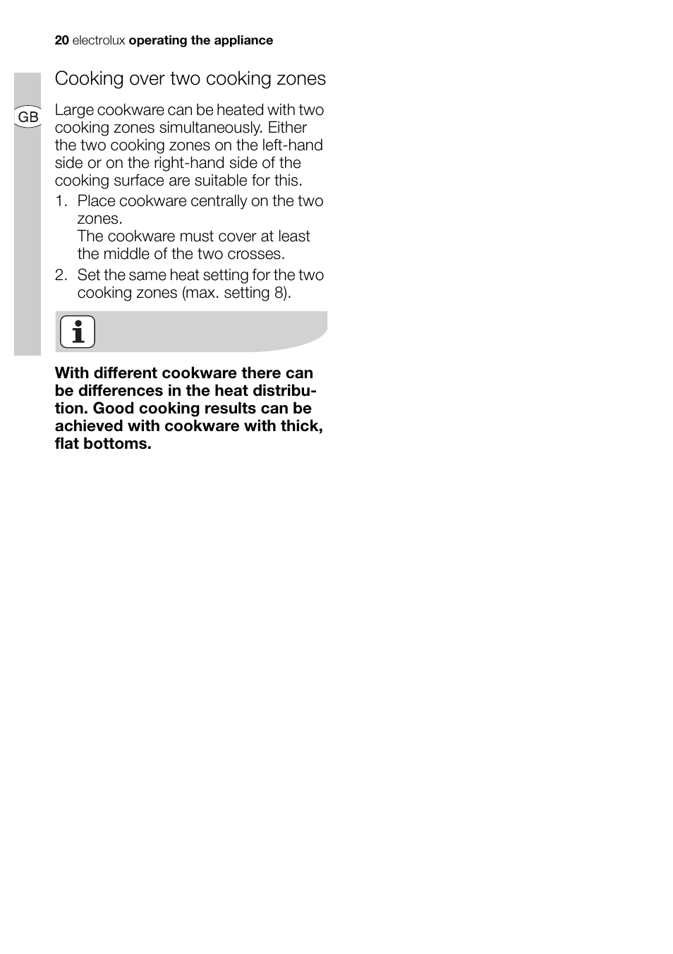 Cooking over two cooking zones | Electrolux EHD68200P User Manual | Page 20 / 46