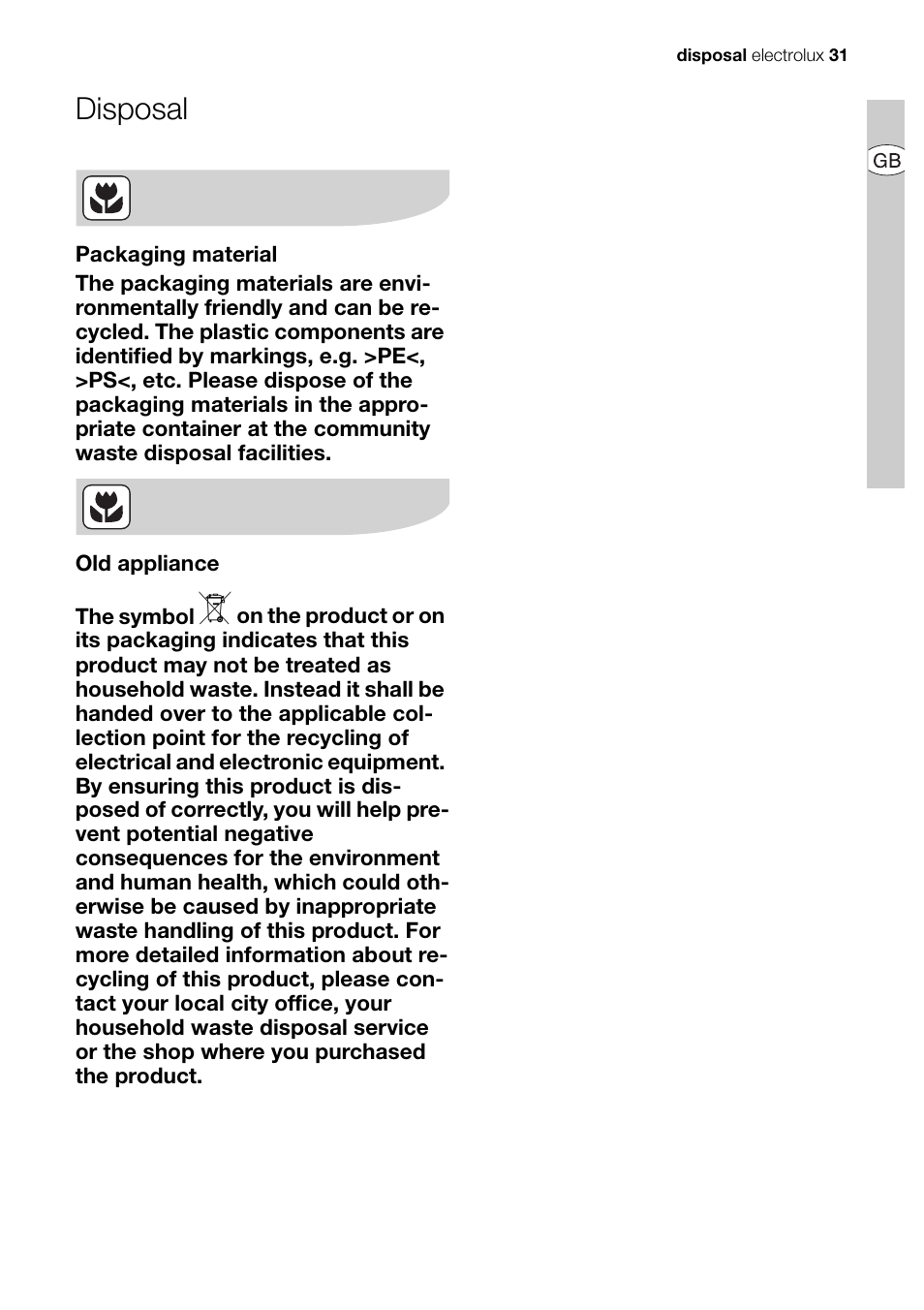 Disposal | Electrolux EHD68200P User Manual | Page 31 / 46