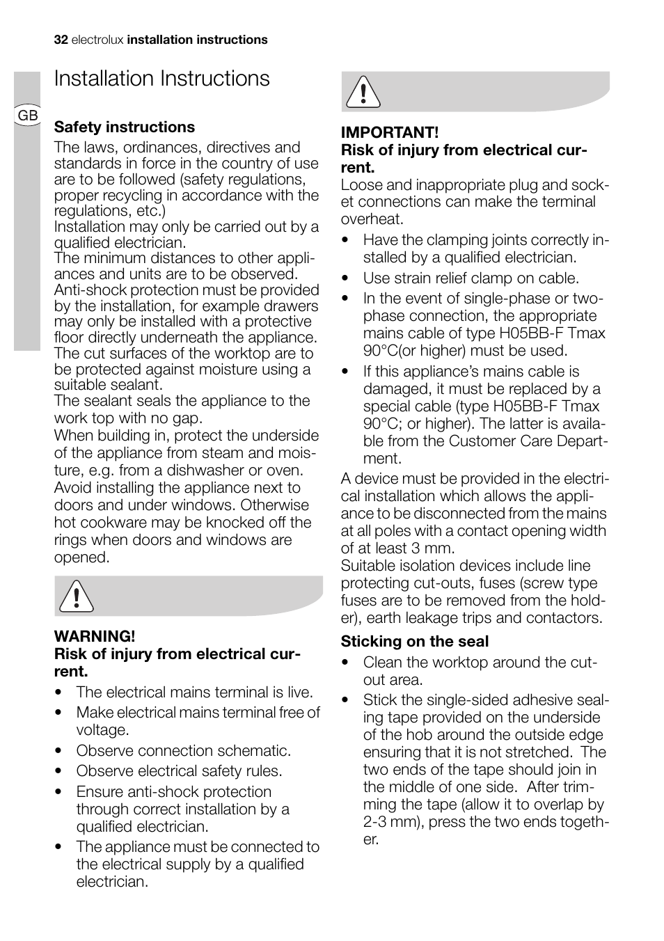 Installation instructions | Electrolux EHD68200P User Manual | Page 32 / 46