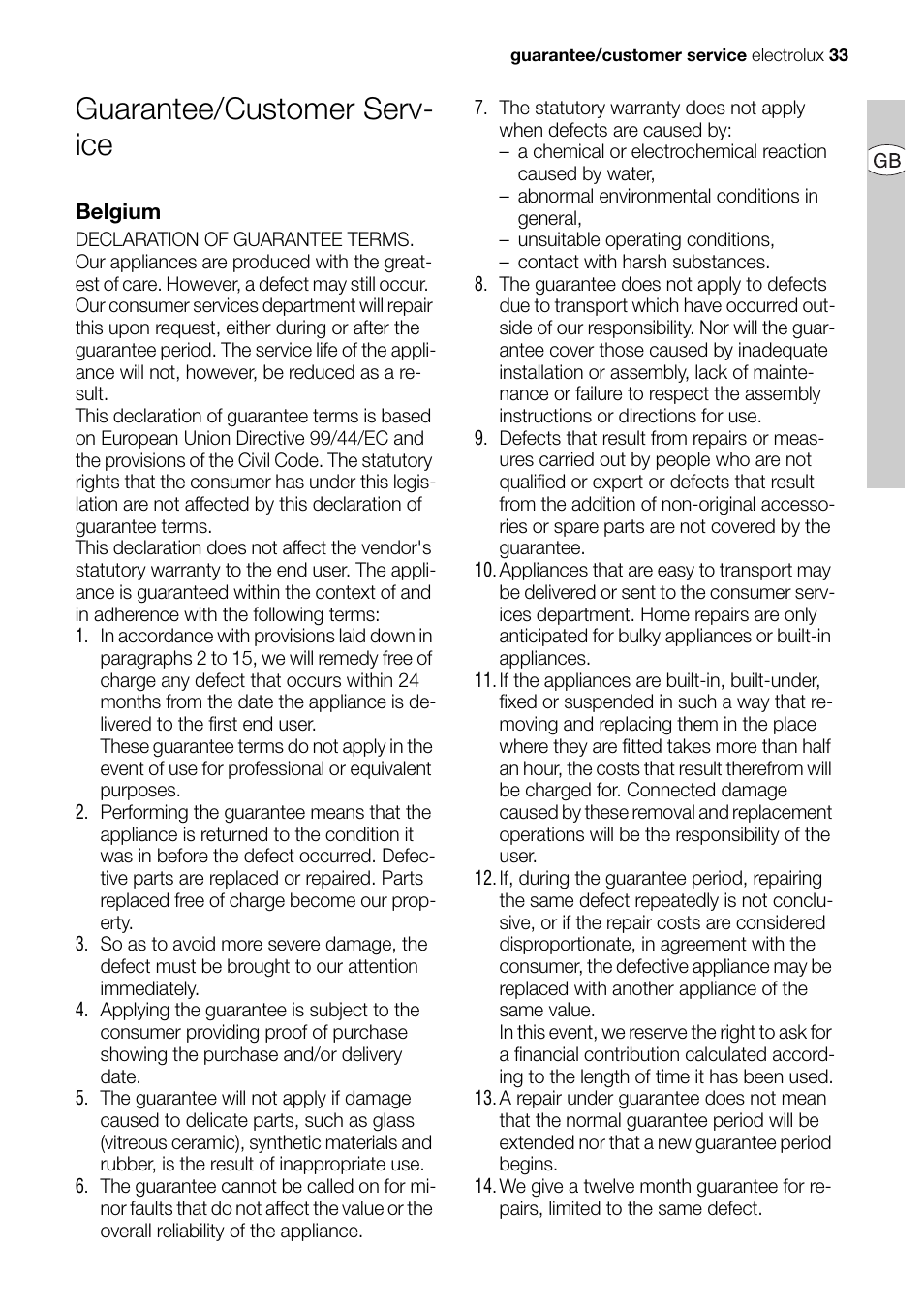 Guarantee/customer serv- ice | Electrolux EHD68200P User Manual | Page 33 / 46