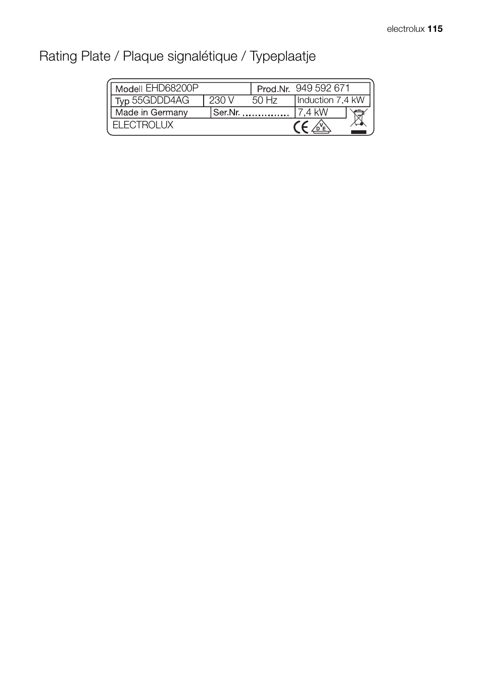 Rating plate / plaque signalétique / typeplaatje | Electrolux EHD68200P User Manual | Page 41 / 46