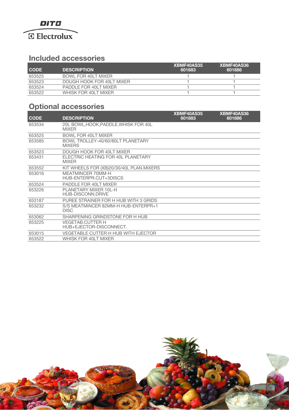 Included accessories, Optional accessories | Electrolux XBMF40AS35 User Manual | Page 3 / 4