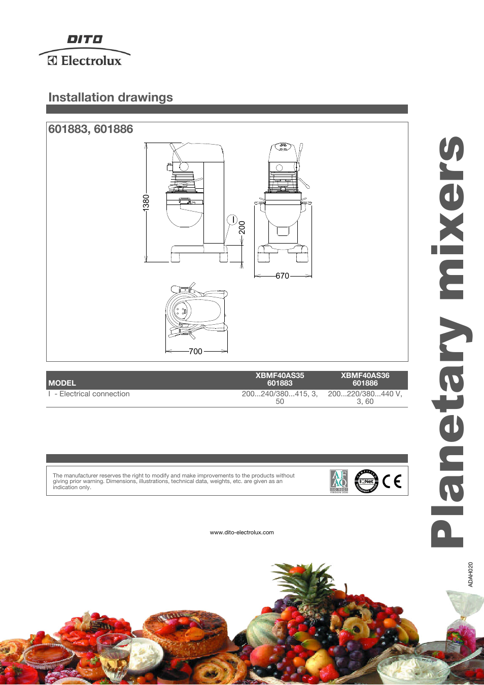 Planetary mixers, Installation drawings | Electrolux XBMF40AS35 User Manual | Page 4 / 4