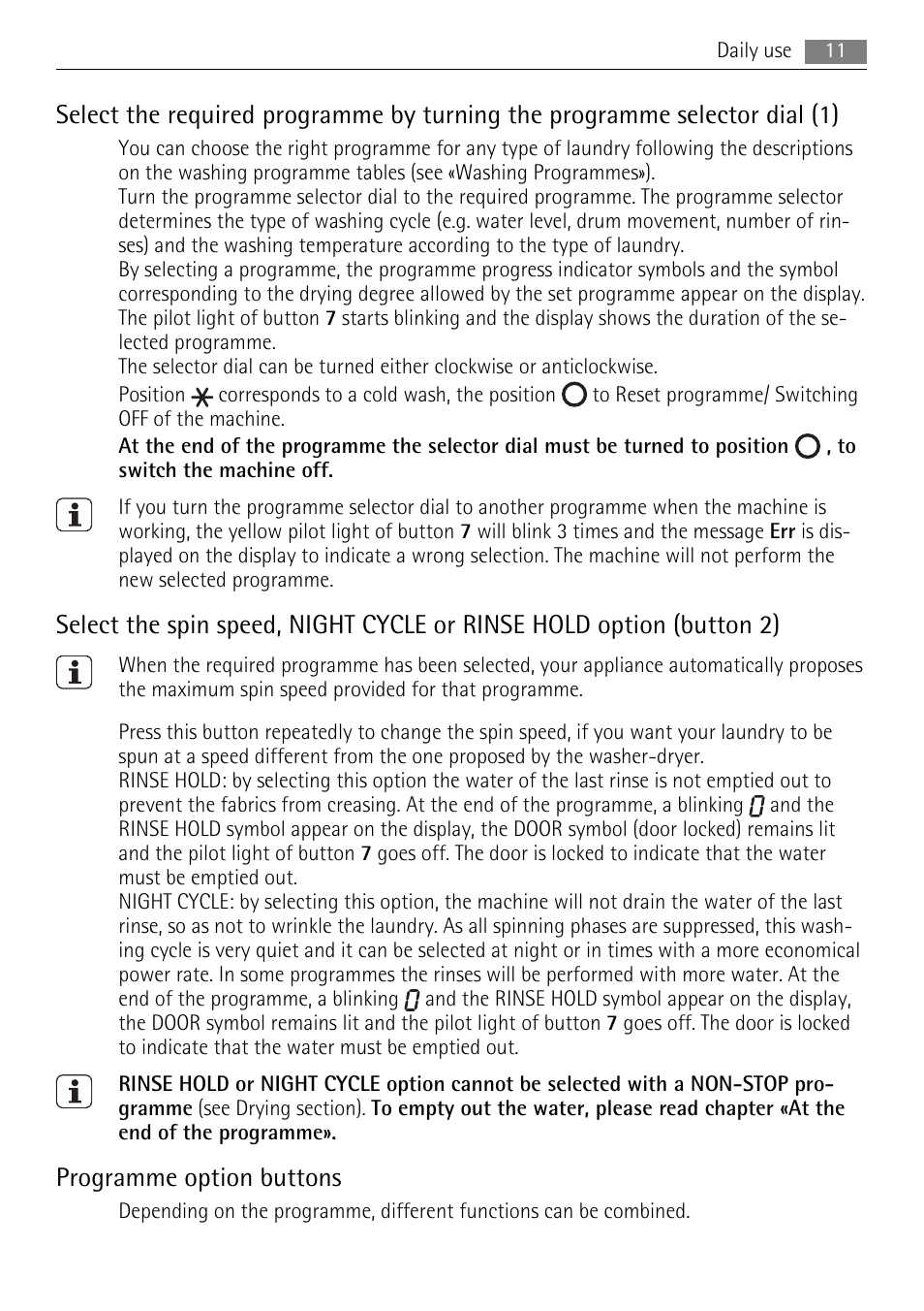 Programme option buttons | Electrolux 16850A User Manual | Page 11 / 40