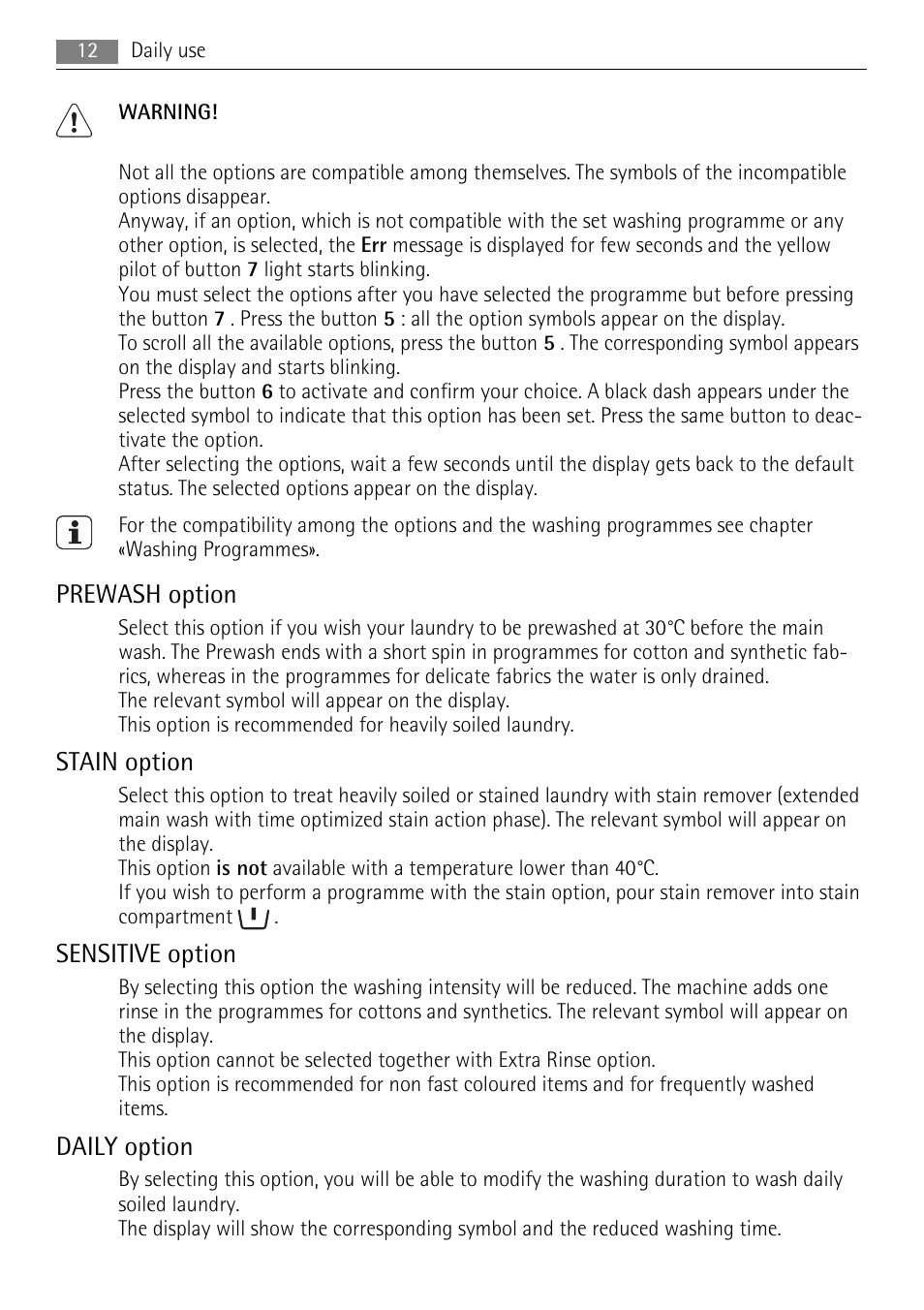 Prewash option, Stain option, Sensitive option | Daily option | Electrolux 16850A User Manual | Page 12 / 40