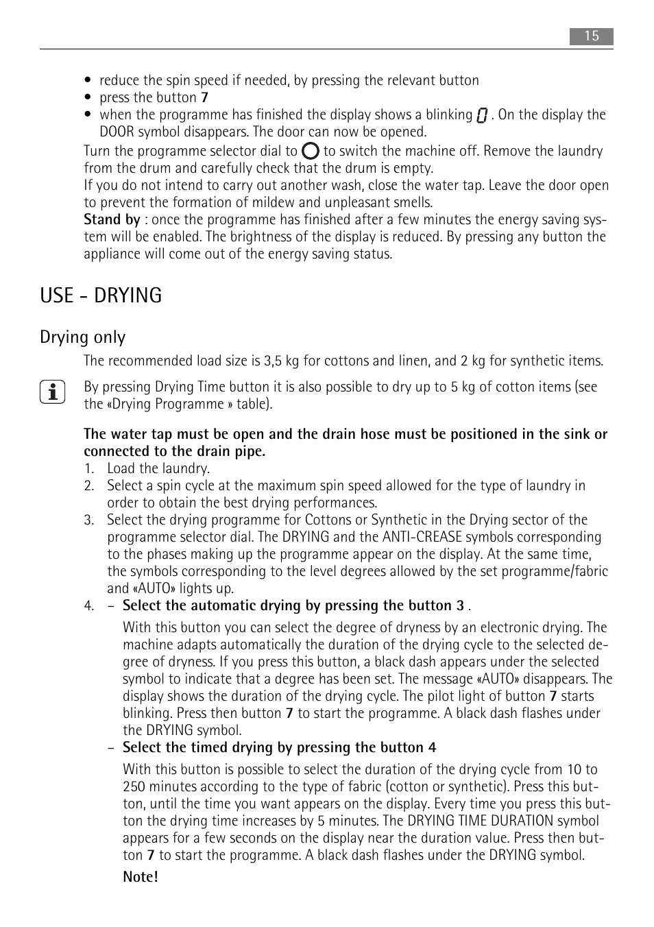 Use - drying, Drying only | Electrolux 16850A User Manual | Page 15 / 40
