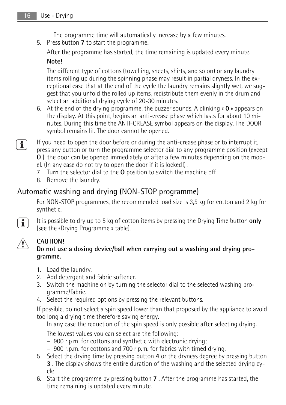 Automatic washing and drying (non-stop programme) | Electrolux 16850A User Manual | Page 16 / 40