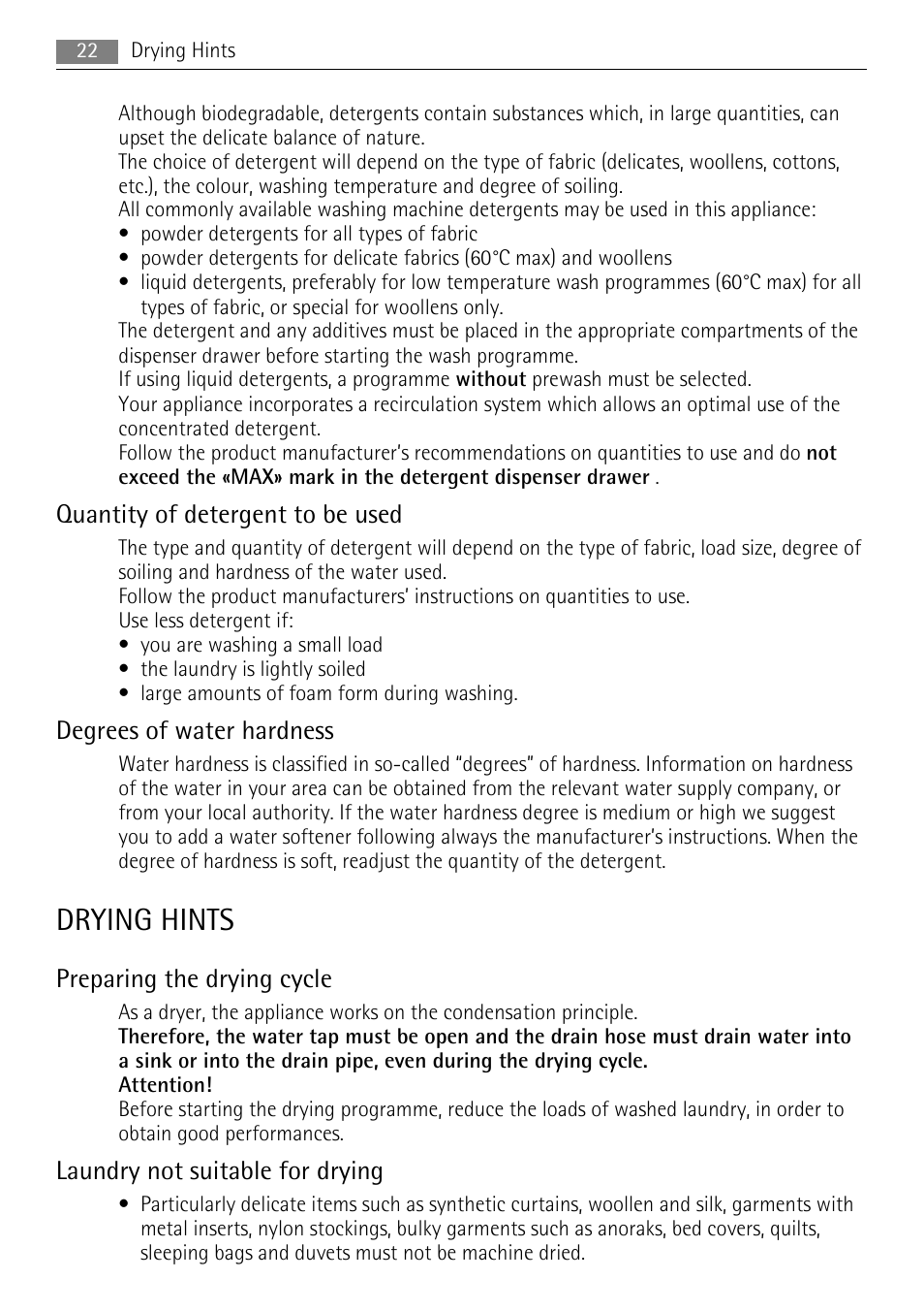 Drying hints, Quantity of detergent to be used, Degrees of water hardness | Preparing the drying cycle, Laundry not suitable for drying | Electrolux 16850A User Manual | Page 22 / 40