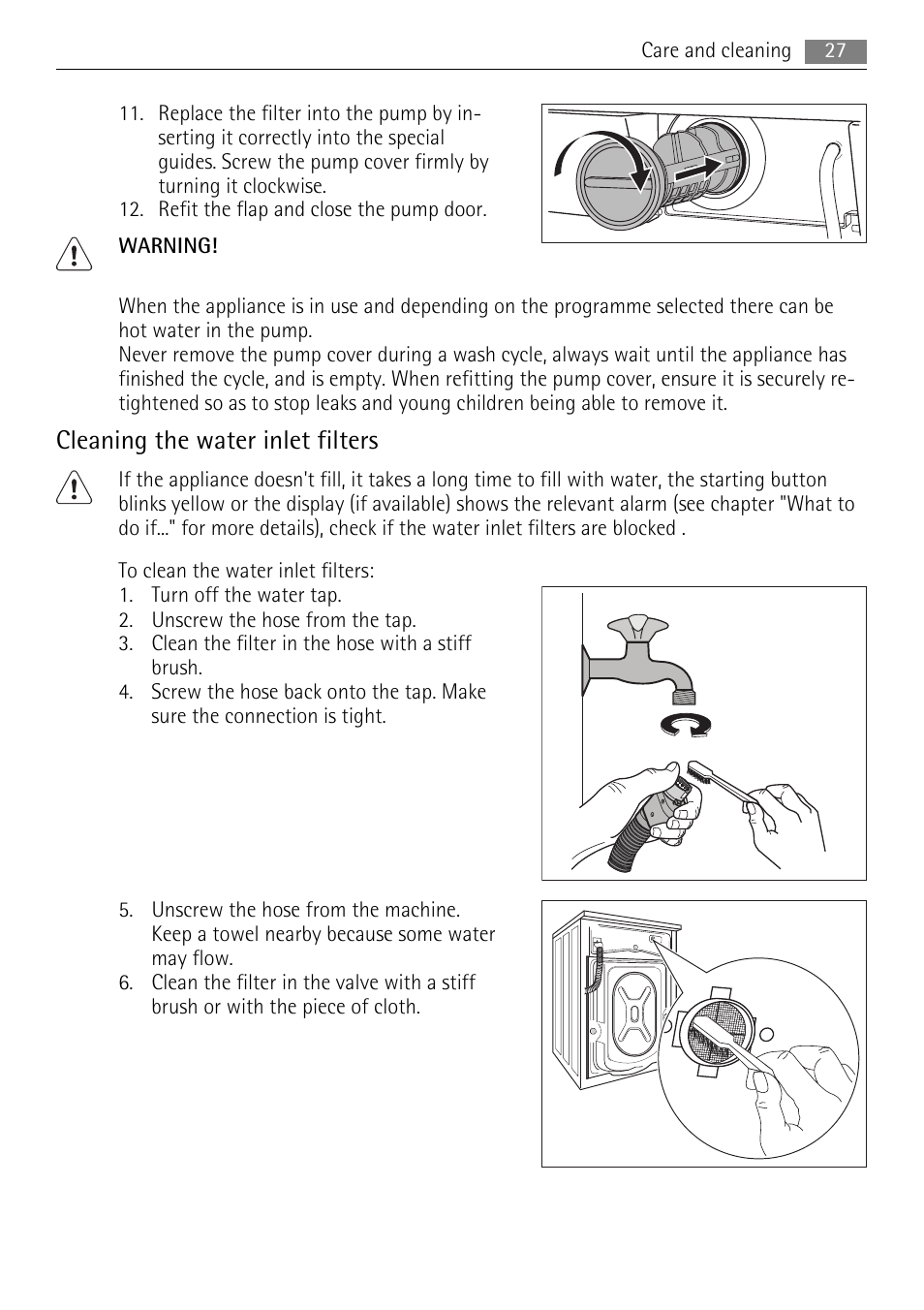 Cleaning the water inlet filters | Electrolux 16850A User Manual | Page 27 / 40