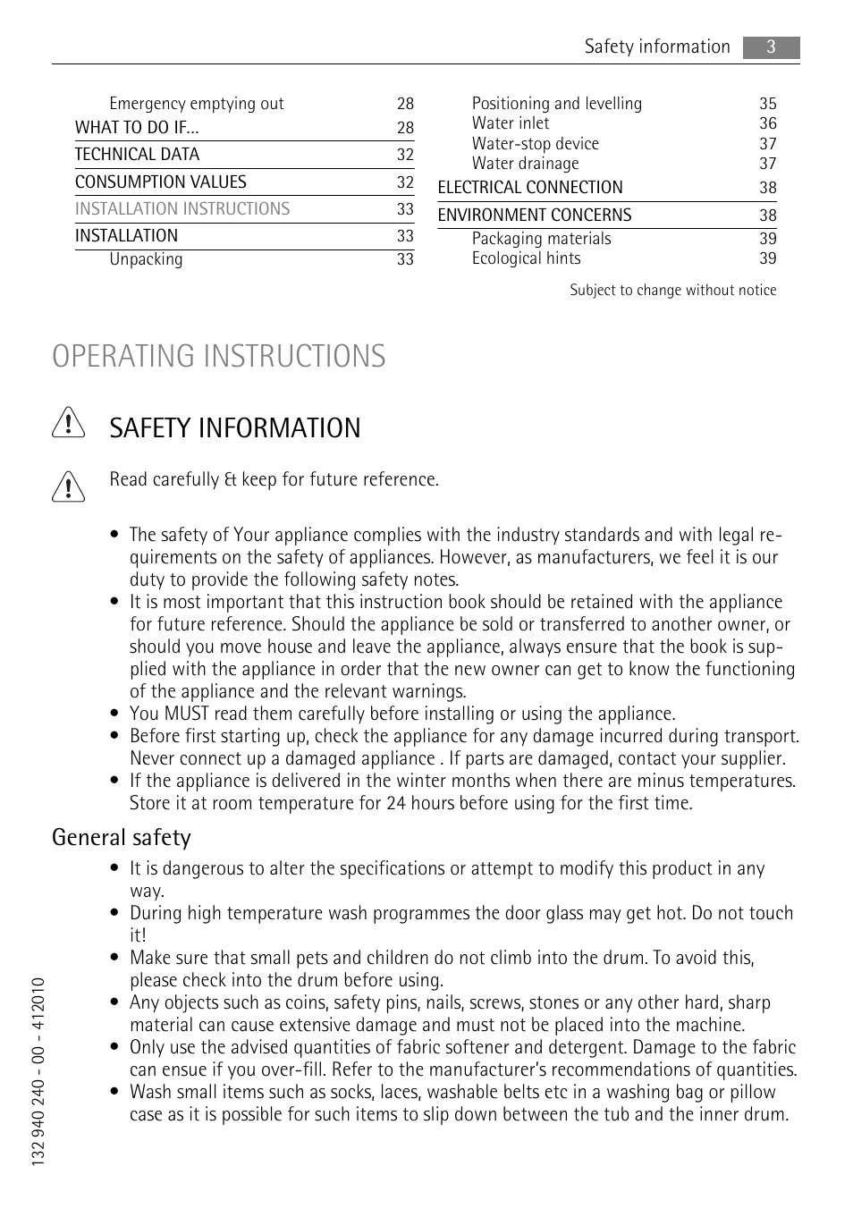 Operating instructions, Safety information, General safety | Electrolux 16850A User Manual | Page 3 / 40