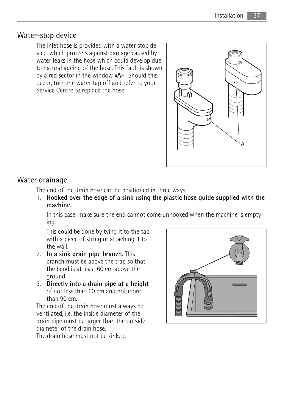 Water-stop device, Water drainage | Electrolux 16850A User Manual | Page 37 / 40