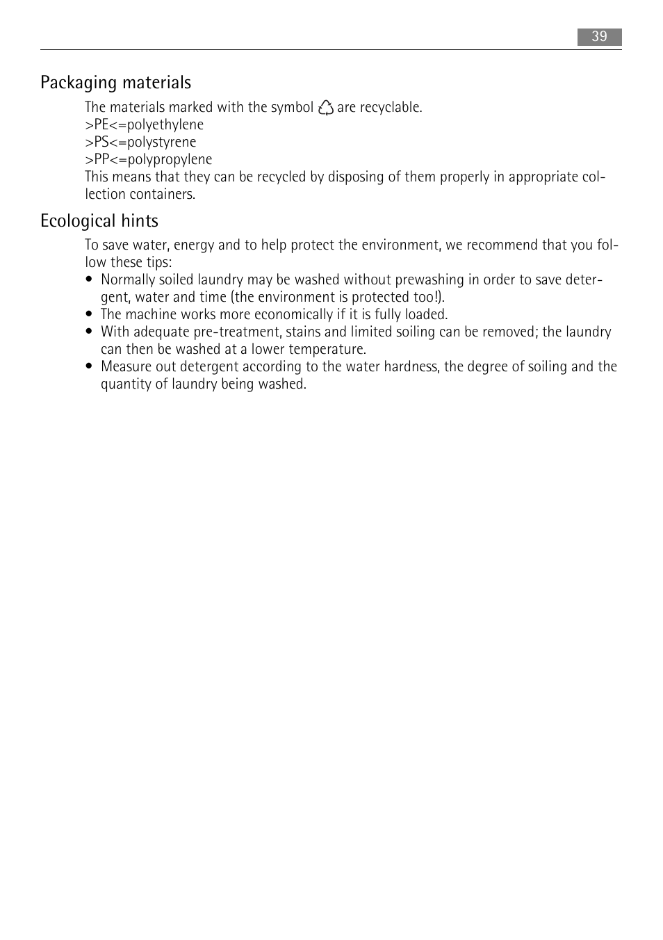 Packaging materials, Ecological hints | Electrolux 16850A User Manual | Page 39 / 40