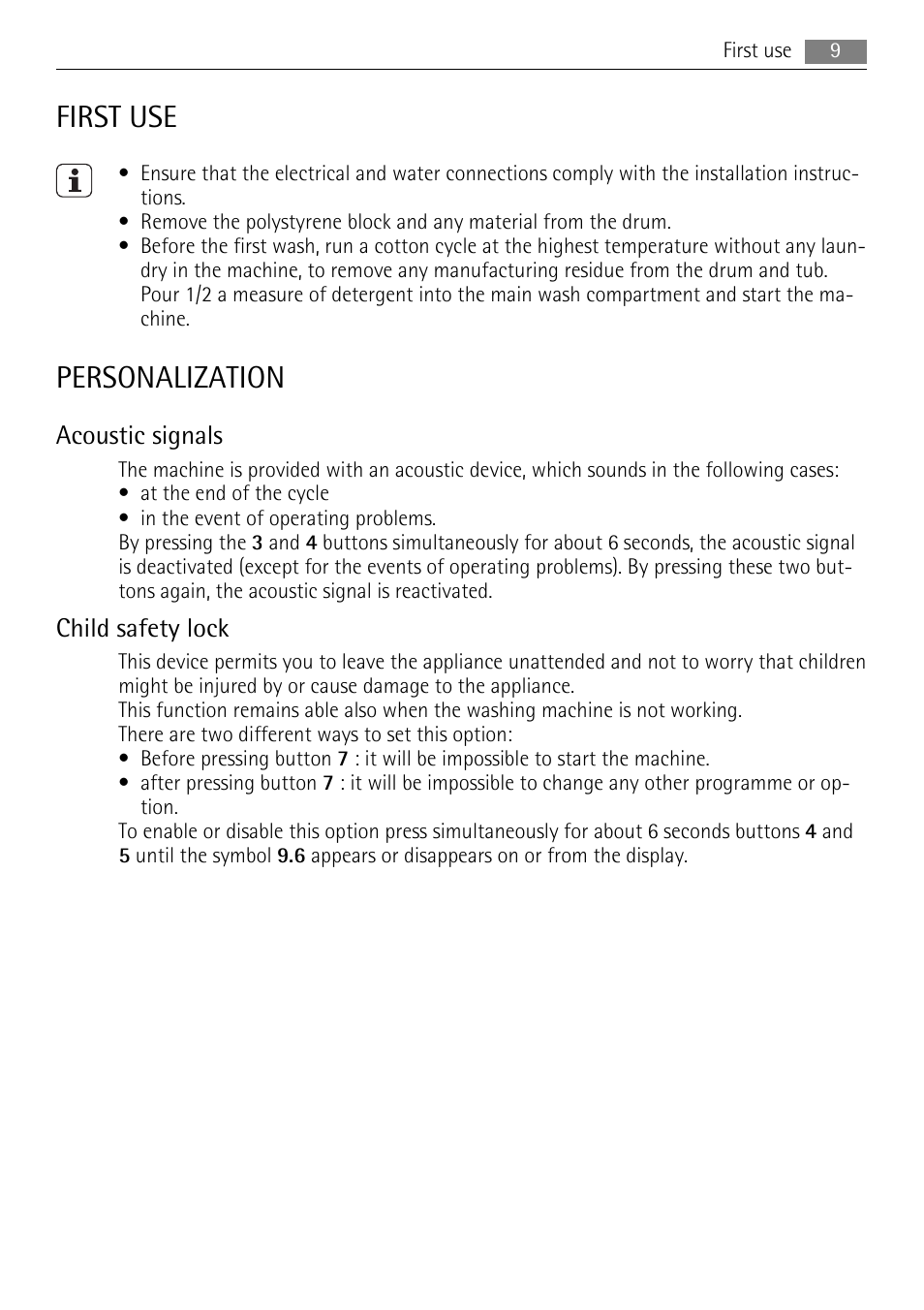 First use, Personalization, Acoustic signals | Child safety lock | Electrolux 16850A User Manual | Page 9 / 40