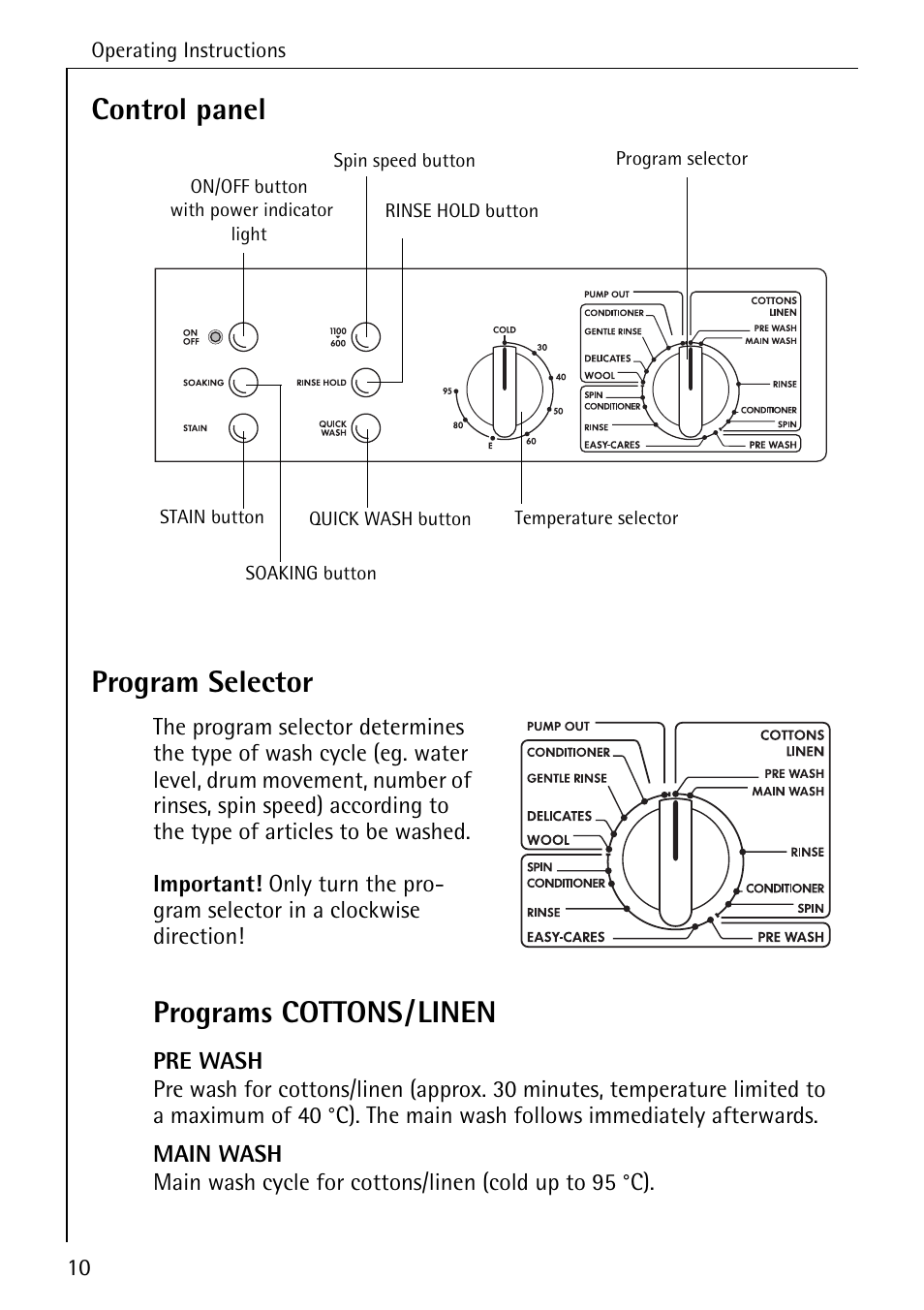 Control panel program selector, Programs cottons/linen | Electrolux 50630 User Manual | Page 10 / 52