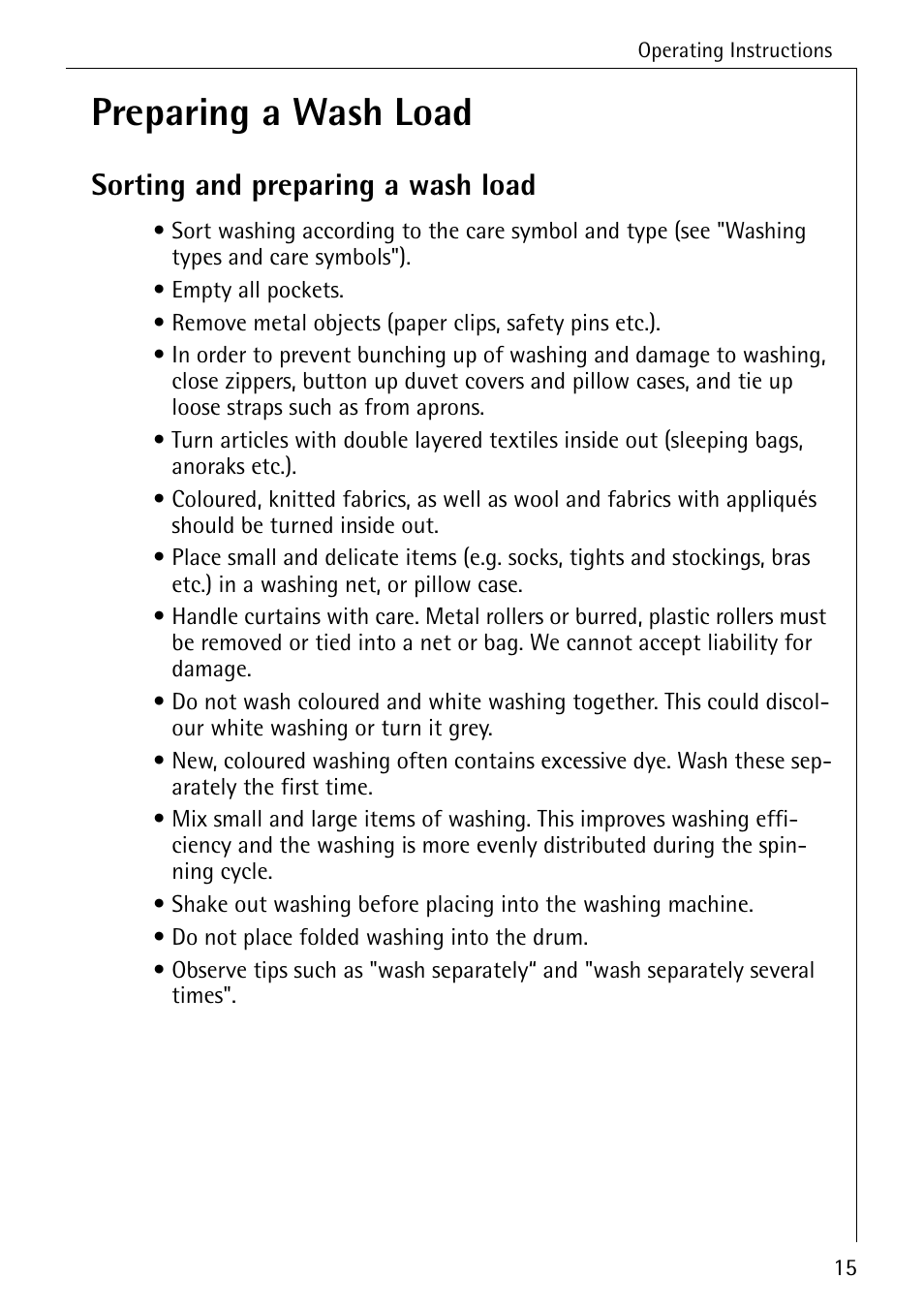 Preparing a wash load, Sorting and preparing a wash load | Electrolux 50630 User Manual | Page 15 / 52