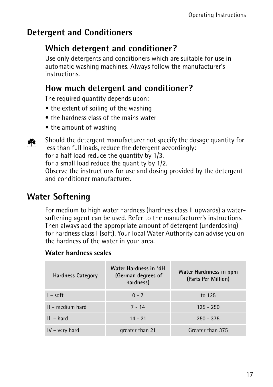 How much detergent and conditioner, Water softening | Electrolux 50630 User Manual | Page 17 / 52