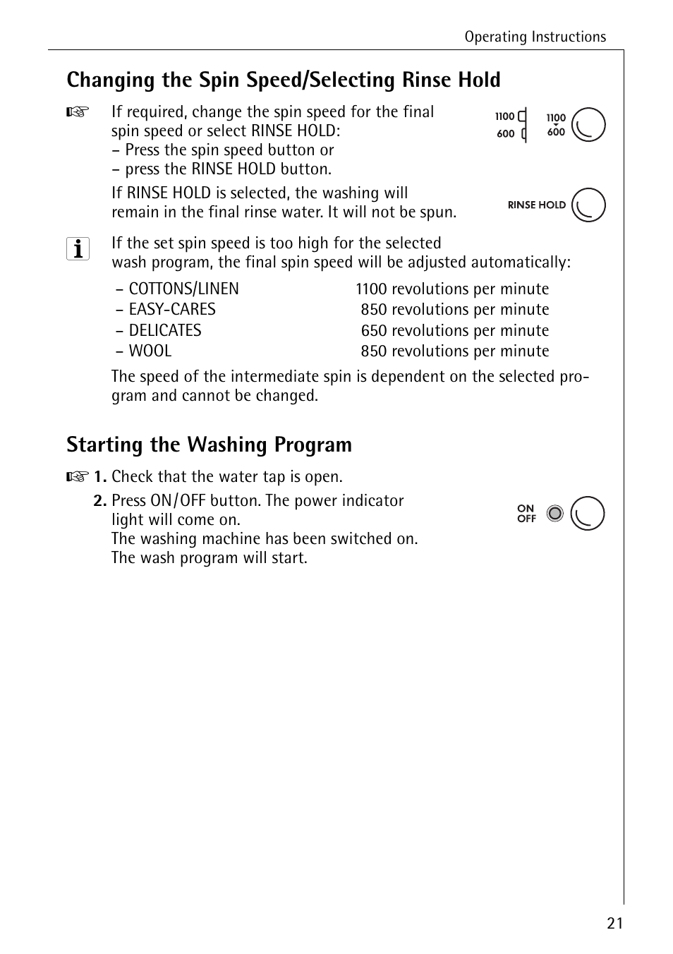 Changing the spin speed/selecting rinse hold, Starting the washing program | Electrolux 50630 User Manual | Page 21 / 52