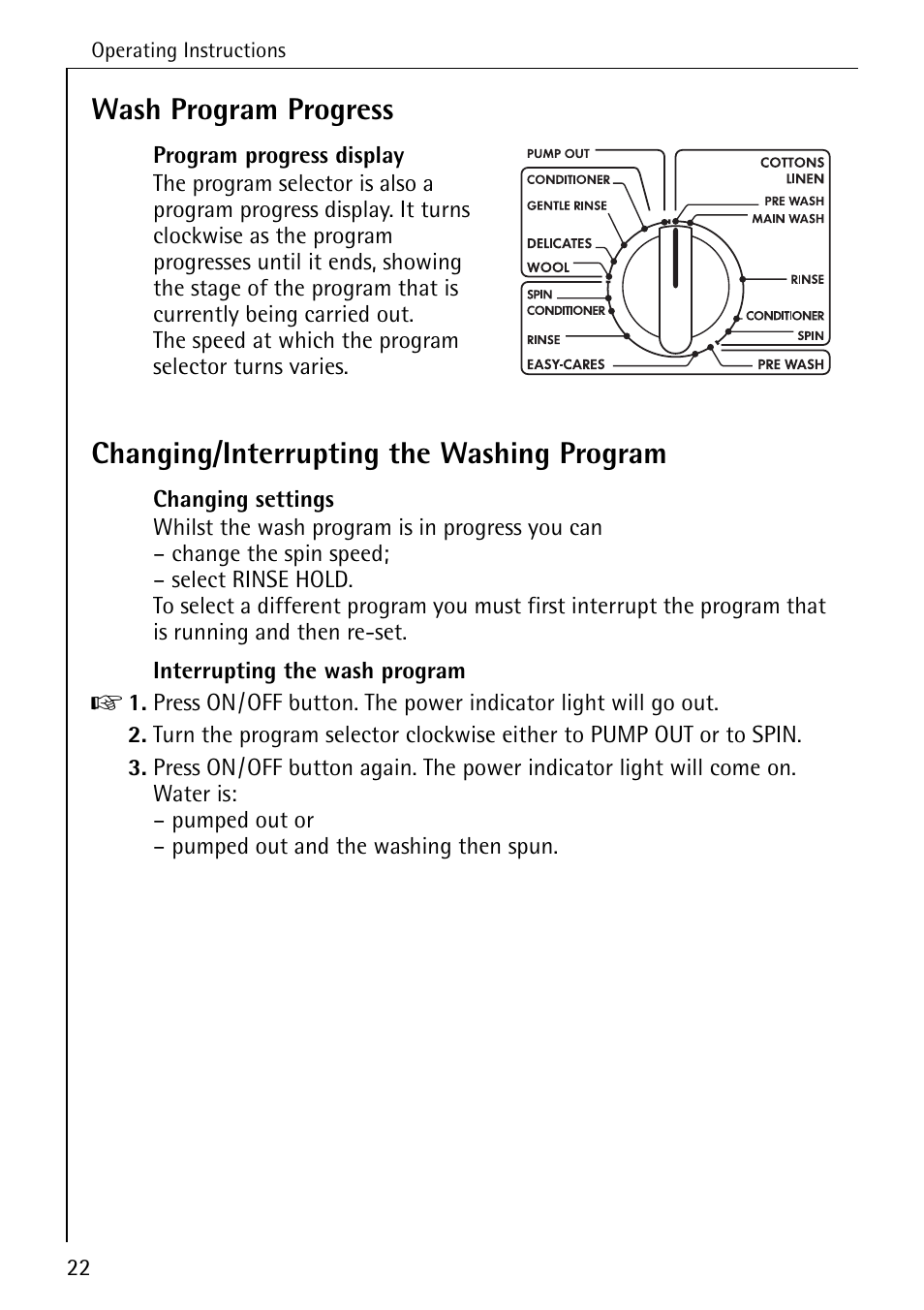 Wash program progress, Changing/interrupting the washing program | Electrolux 50630 User Manual | Page 22 / 52