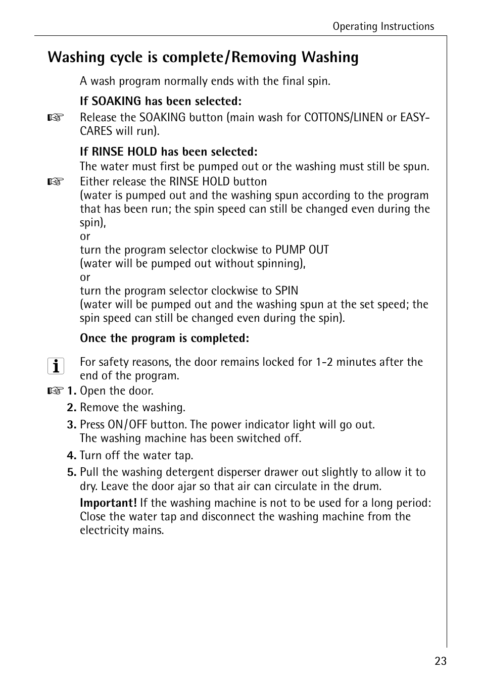 Washing cycle is complete/removing washing | Electrolux 50630 User Manual | Page 23 / 52