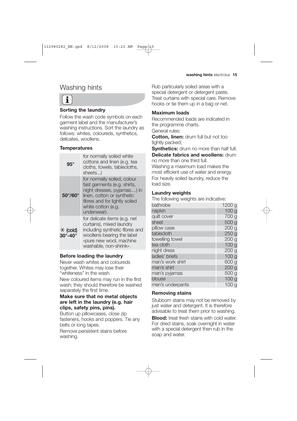 Washing hints | Electrolux EWF 12040 W User Manual | Page 15 / 40