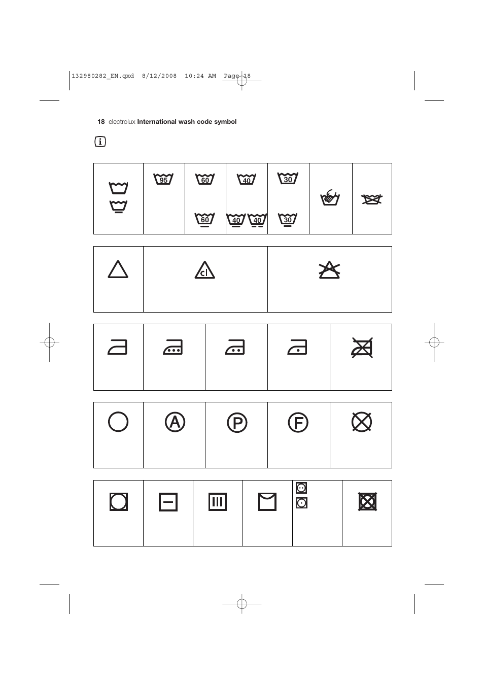 International wash code symbols | Electrolux EWF 12040 W User Manual | Page 18 / 40