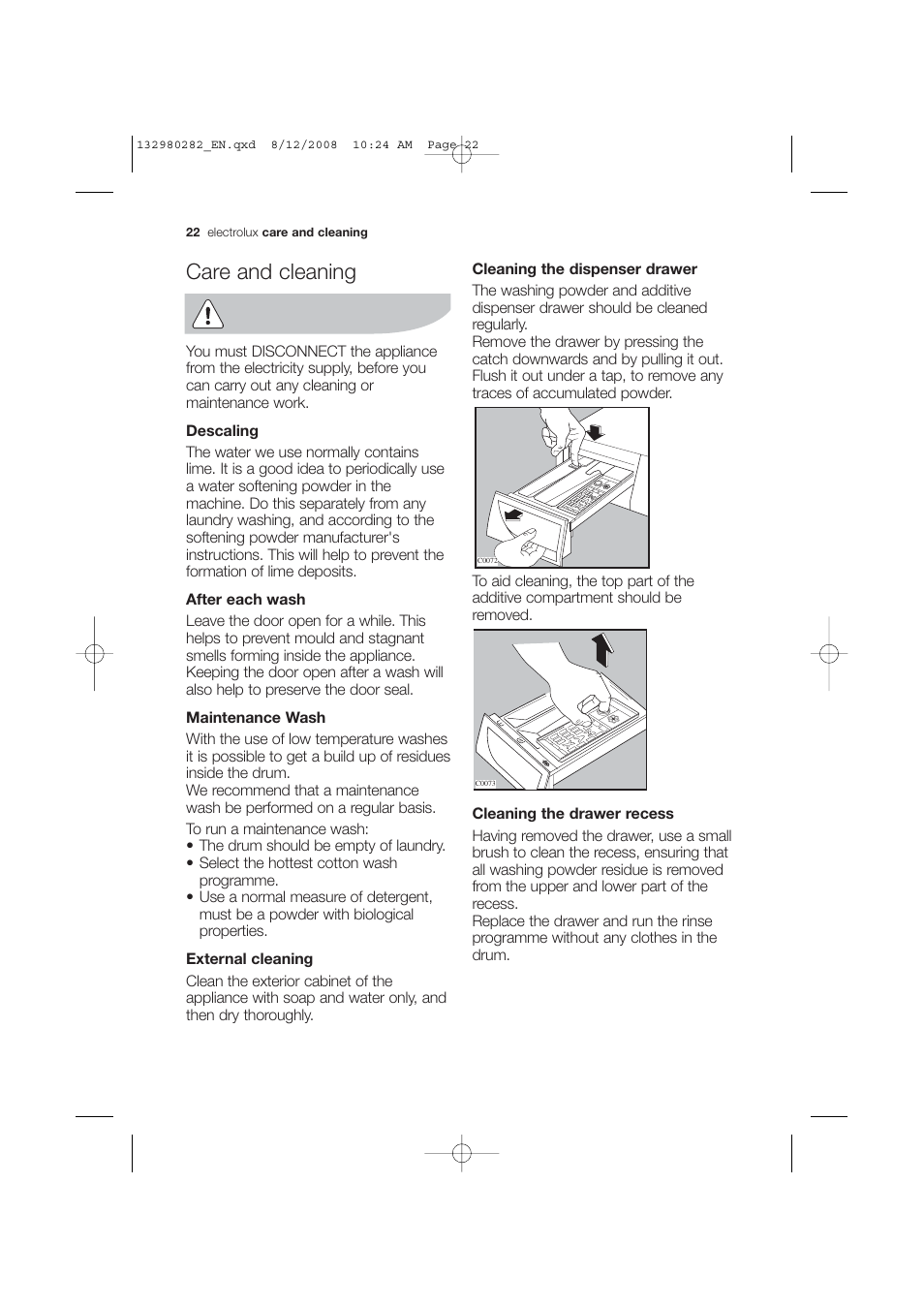 Care and cleaning | Electrolux EWF 12040 W User Manual | Page 22 / 40