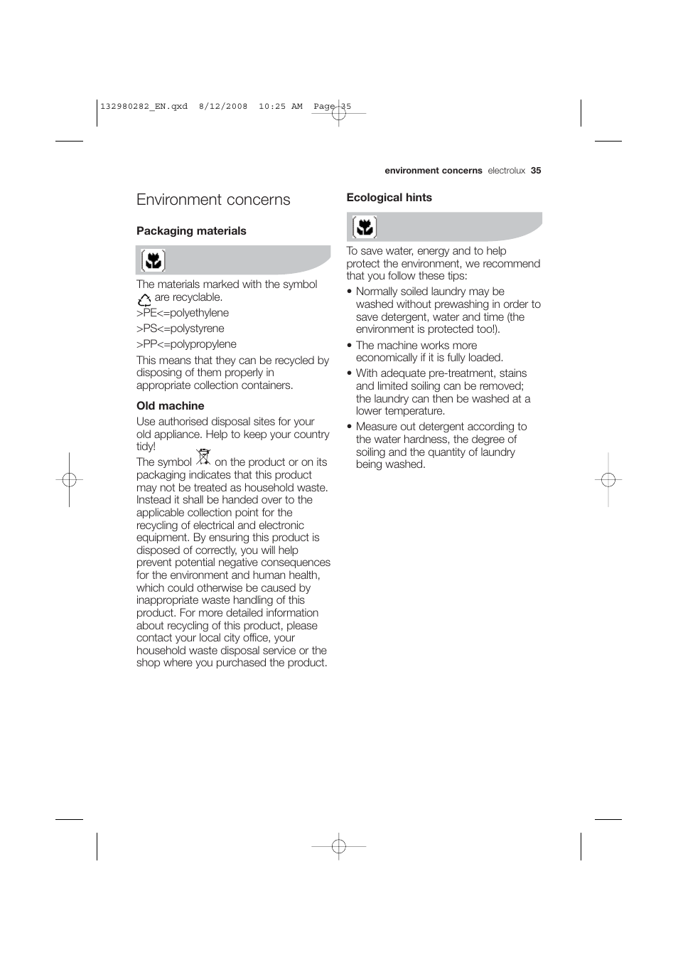 Environment concerns | Electrolux EWF 12040 W User Manual | Page 35 / 40