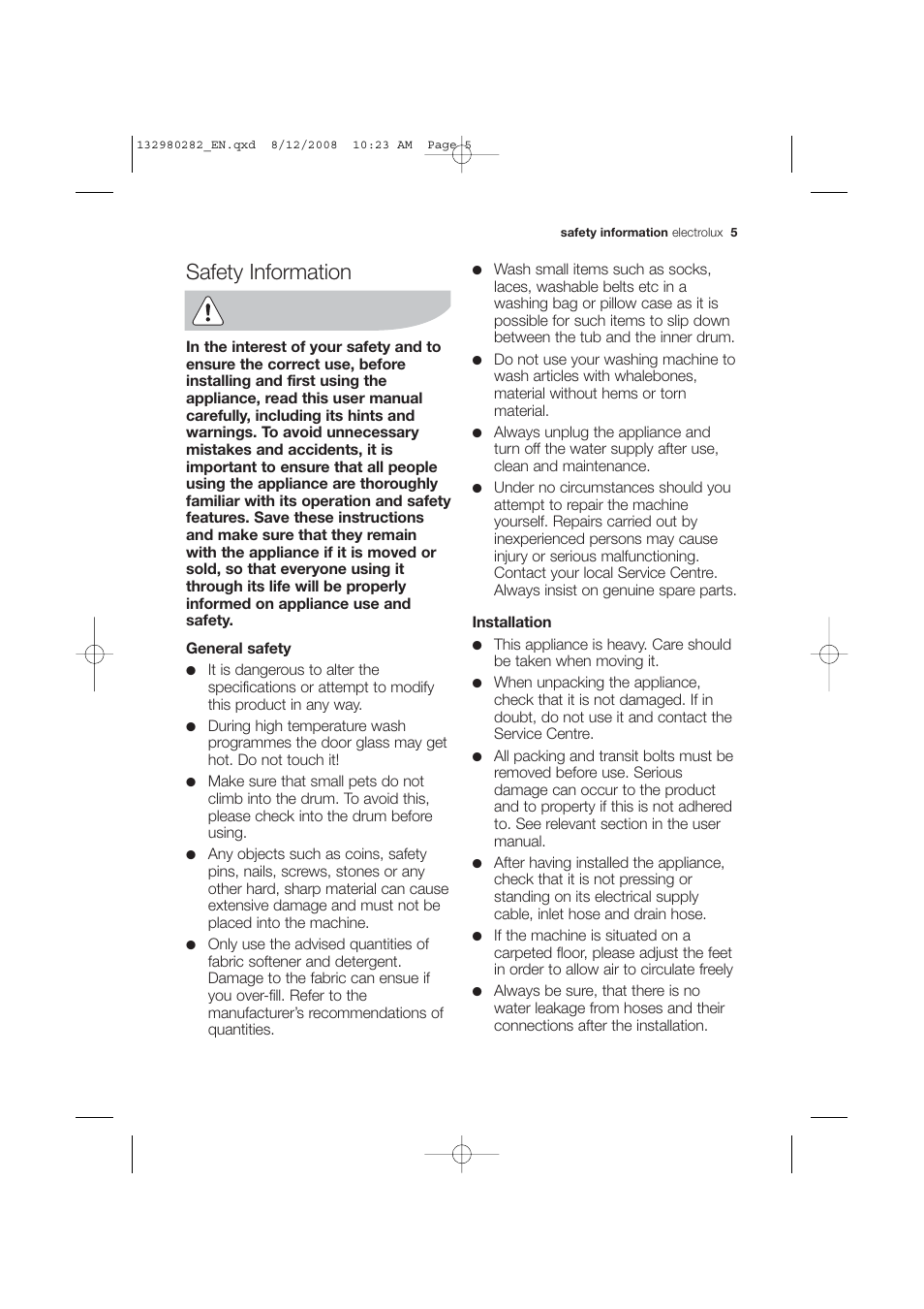 Safety information | Electrolux EWF 12040 W User Manual | Page 5 / 40