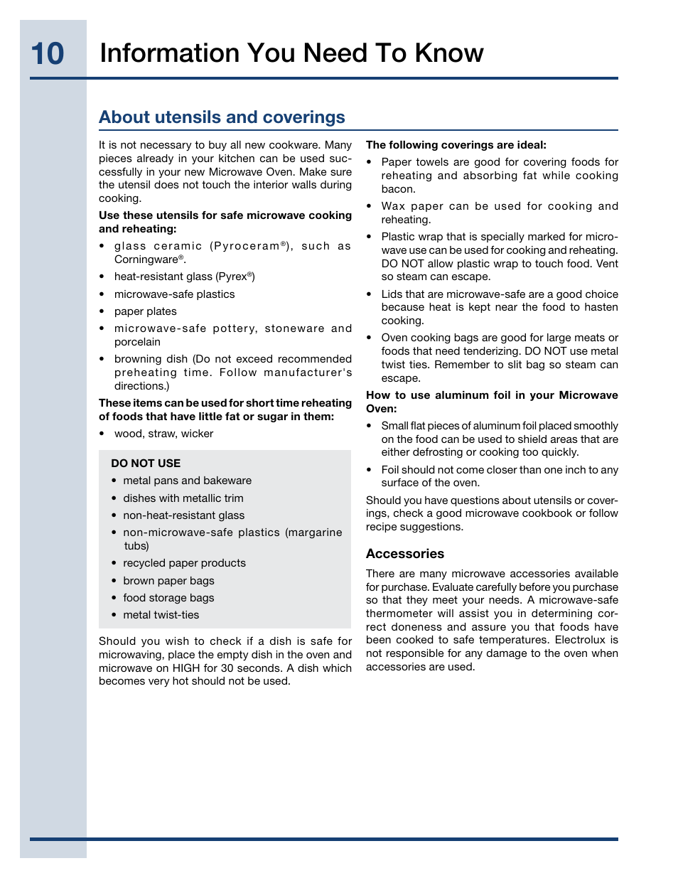 Information you need to know, About utensils and coverings | Electrolux EI27MO45TK User Manual | Page 10 / 30