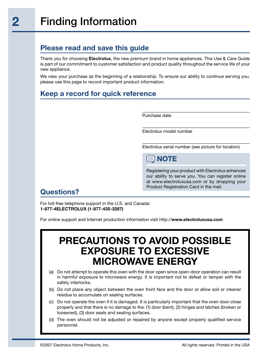 Finding information, Please read and save this guide, Keep a record for quick reference questions | Electrolux EI27MO45TK User Manual | Page 2 / 30