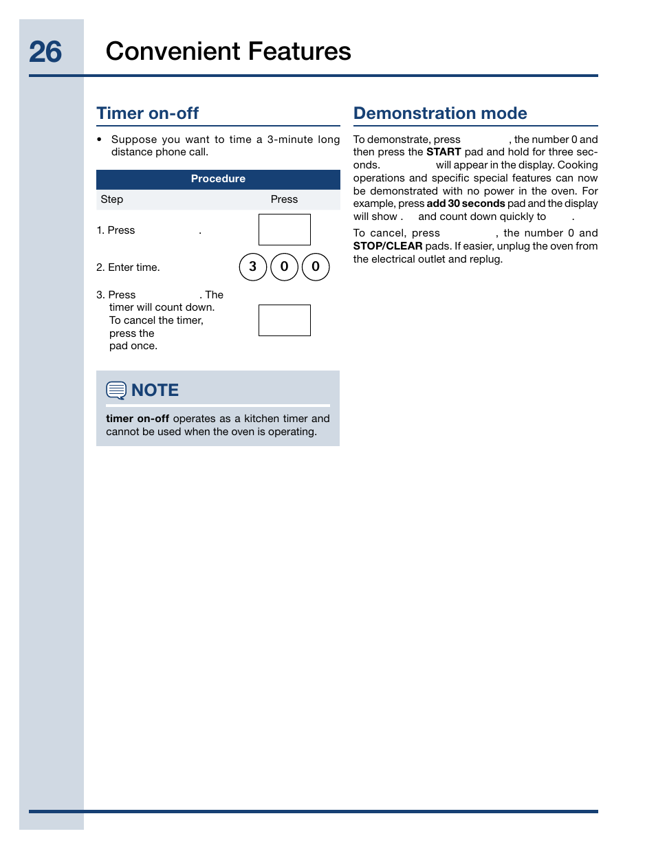 Convenient features, Timer on-off, Demonstration mode | Electrolux EI27MO45TK User Manual | Page 26 / 30