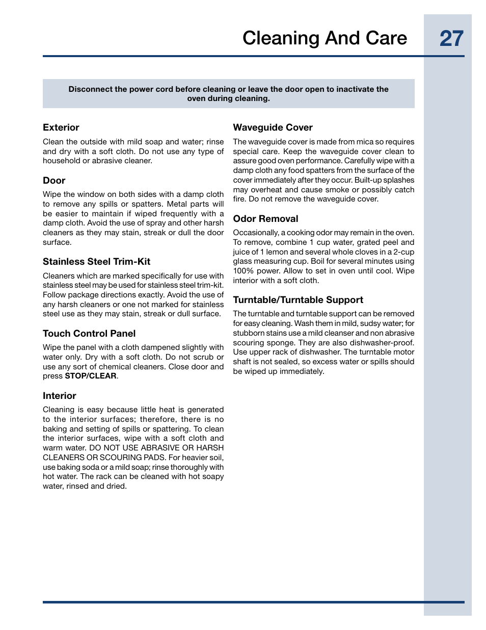 Cleaning and care | Electrolux EI27MO45TK User Manual | Page 27 / 30