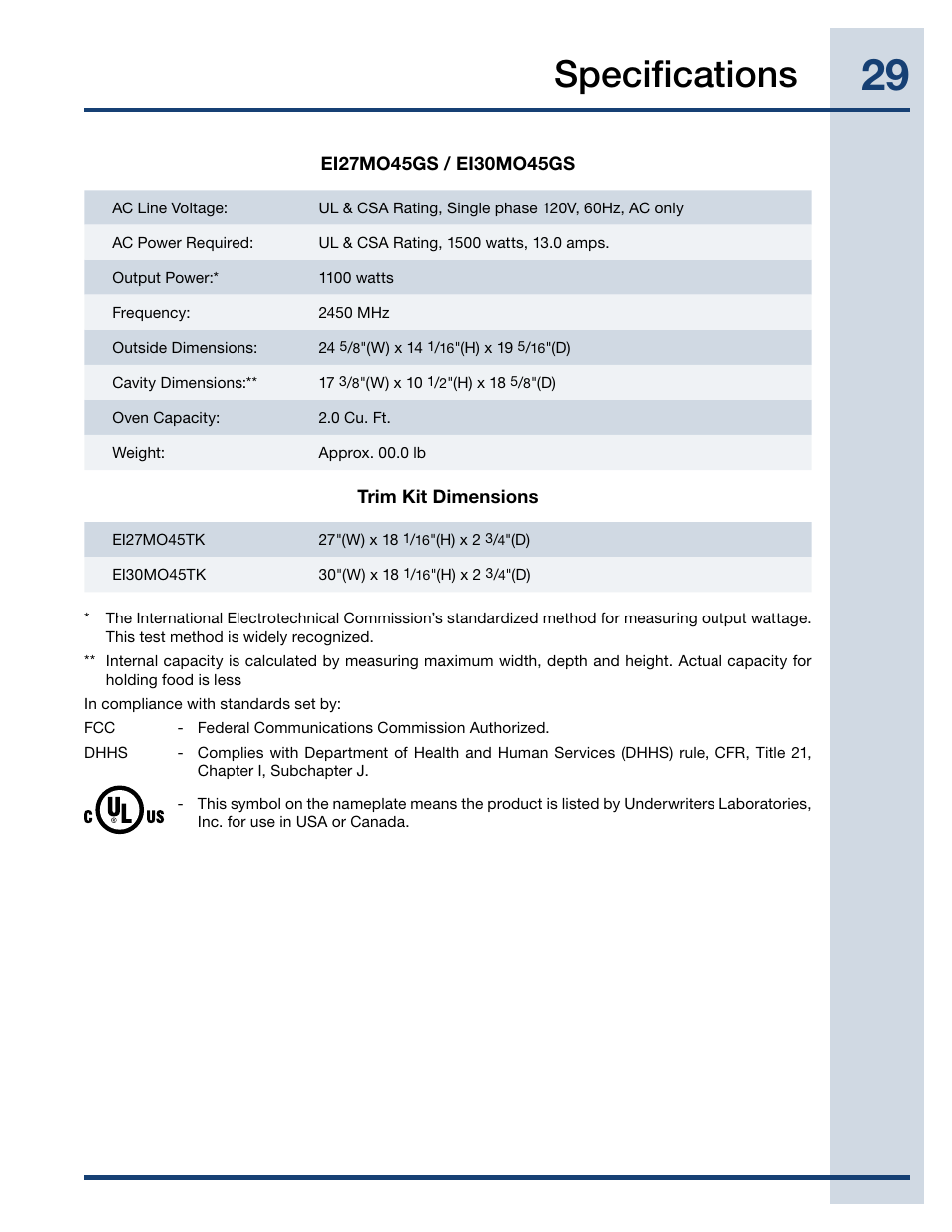 Specifications | Electrolux EI27MO45TK User Manual | Page 29 / 30