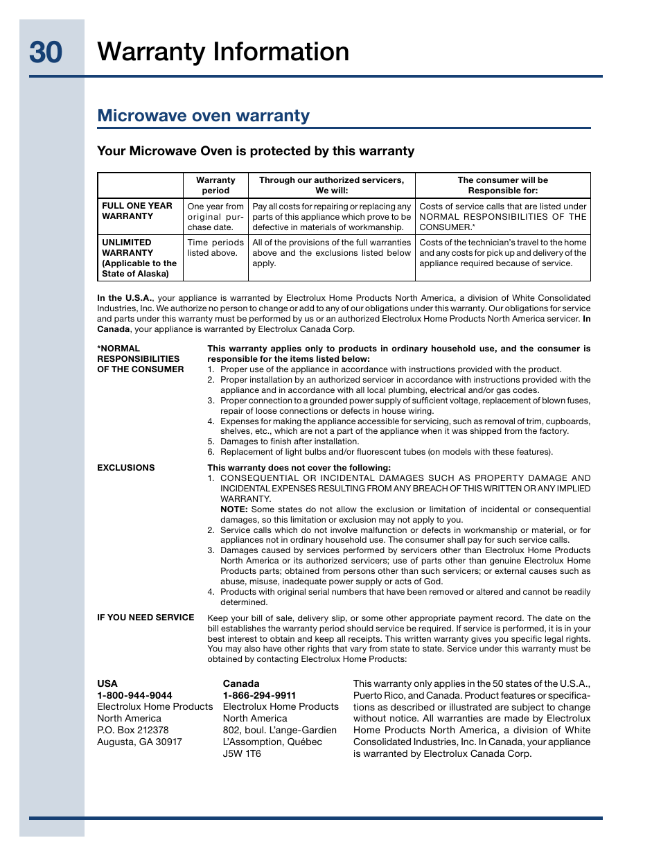 Warranty information, Microwave oven warranty, Your microwave oven is protected by this warranty | Electrolux EI27MO45TK User Manual | Page 30 / 30