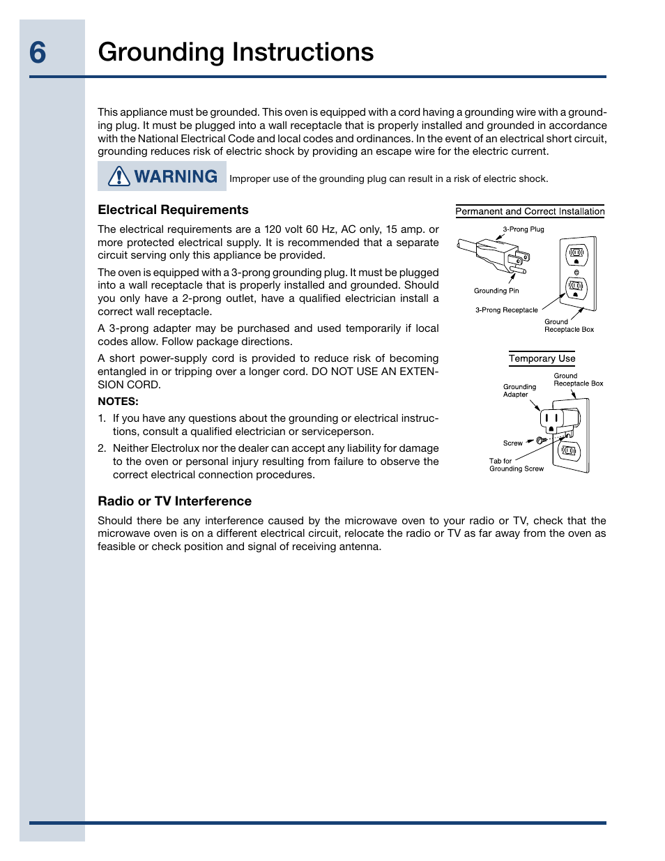 Grounding instructions | Electrolux EI27MO45TK User Manual | Page 6 / 30