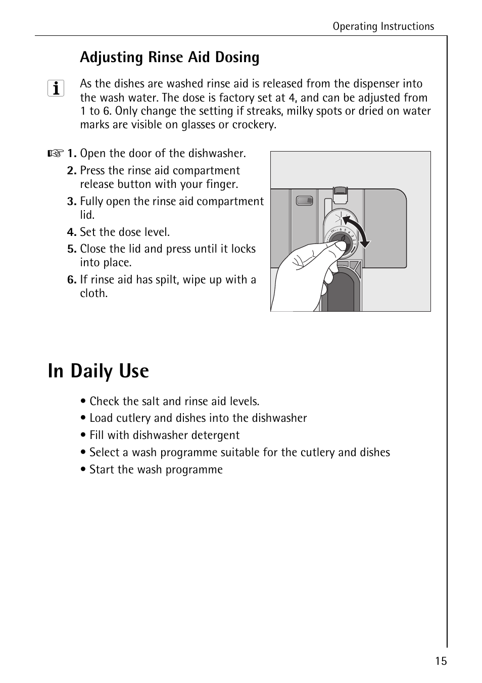 Adjusting rinse aid dosing | Electrolux 40640 User Manual | Page 15 / 44