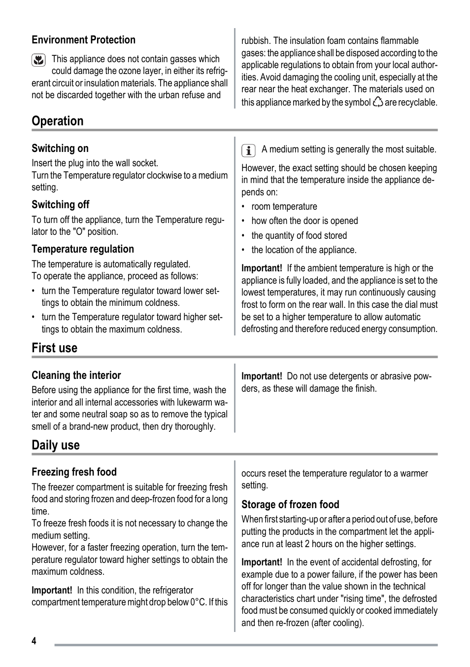 Operation, First use, Daily use | Electrolux ZKR1516 User Manual | Page 4 / 16